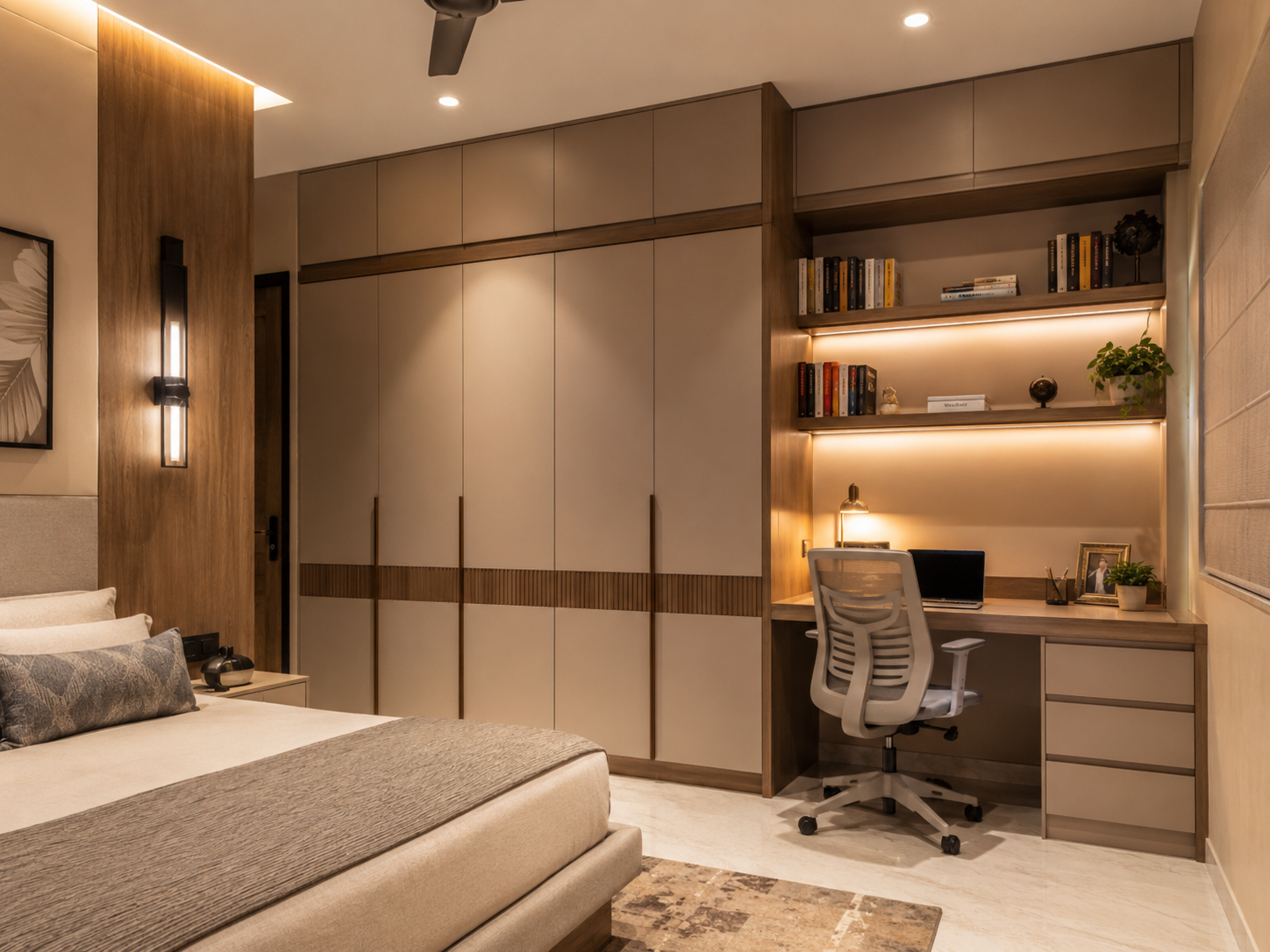 Luxury bedroom with wardrobes and desk